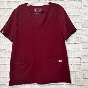 Figs Women's Short Sleeve V-Neck Top in Deep‎ Red maroon size large